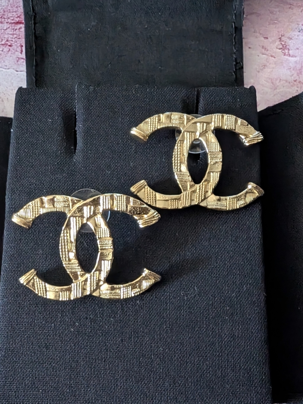 Large Chanel Gold-Tone Tweed Textured CC Logo StudEarrings